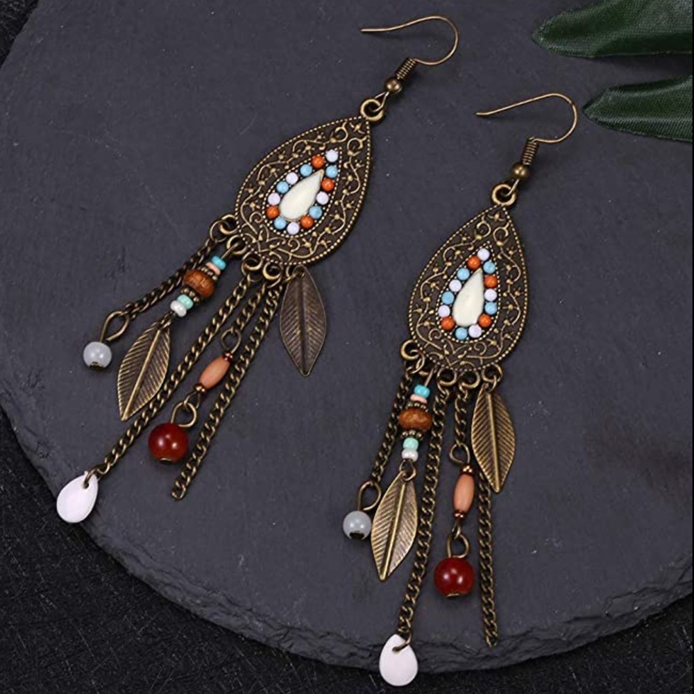 Native Style Brass Feather Hanging Earrings!